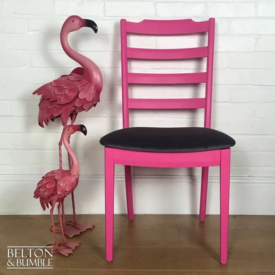 Bright Pink Single G Plan Chair with Grey Velvet Seat.