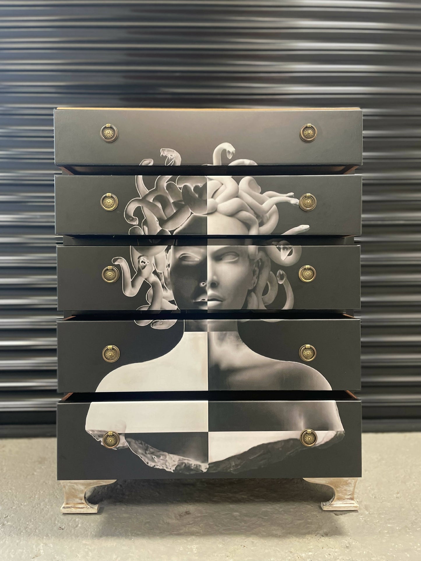Black stunning G-Plan solid wood chest of five drawers.