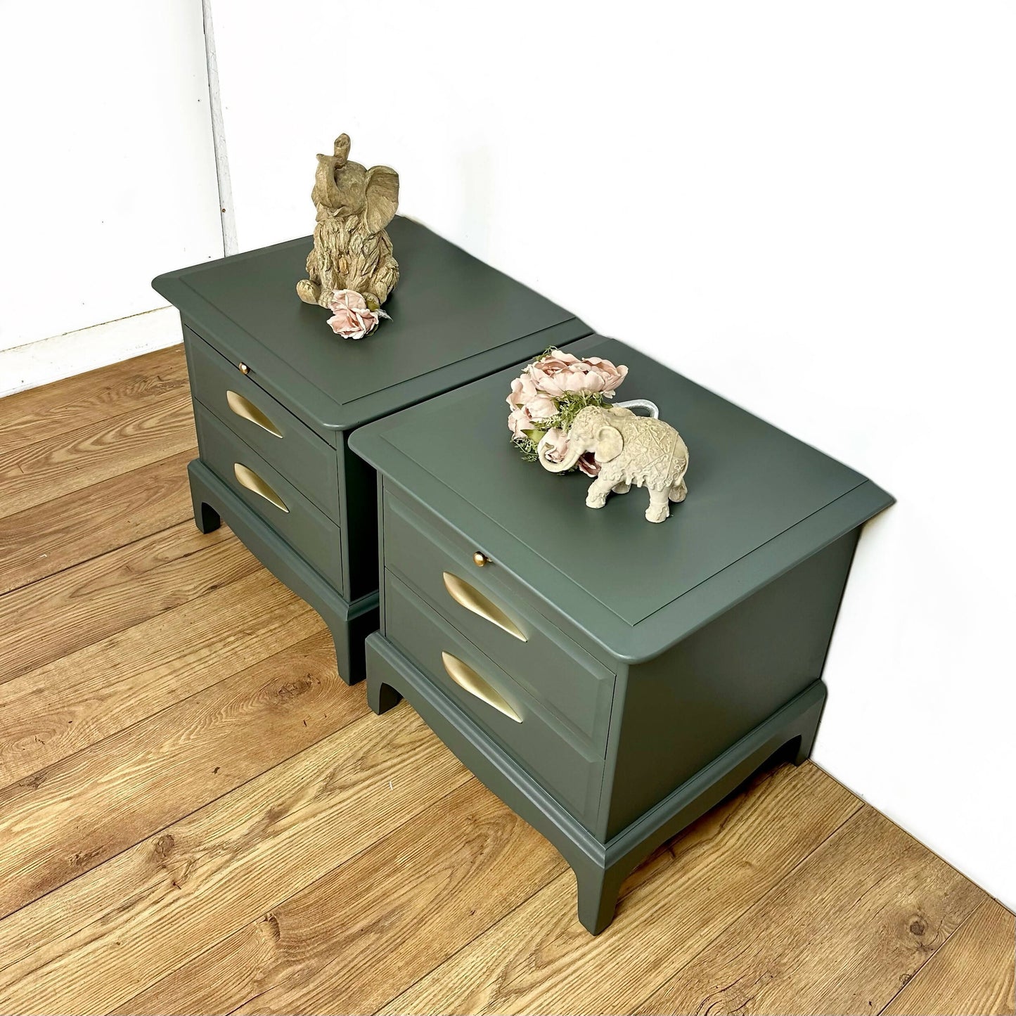 Refurbished Stag Minstrel bedside tables in olive green, vintage nightstands, upcycled, handprinted, drawers, dresser, chest, bedroom, pair