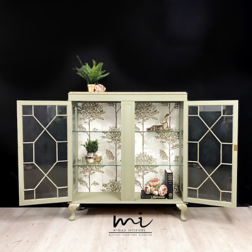Made To Order - Vintage display cabinet, glass, pale sage green and gold. Drinks cocktail cabinet, sideboard, cupboard - commissions available
