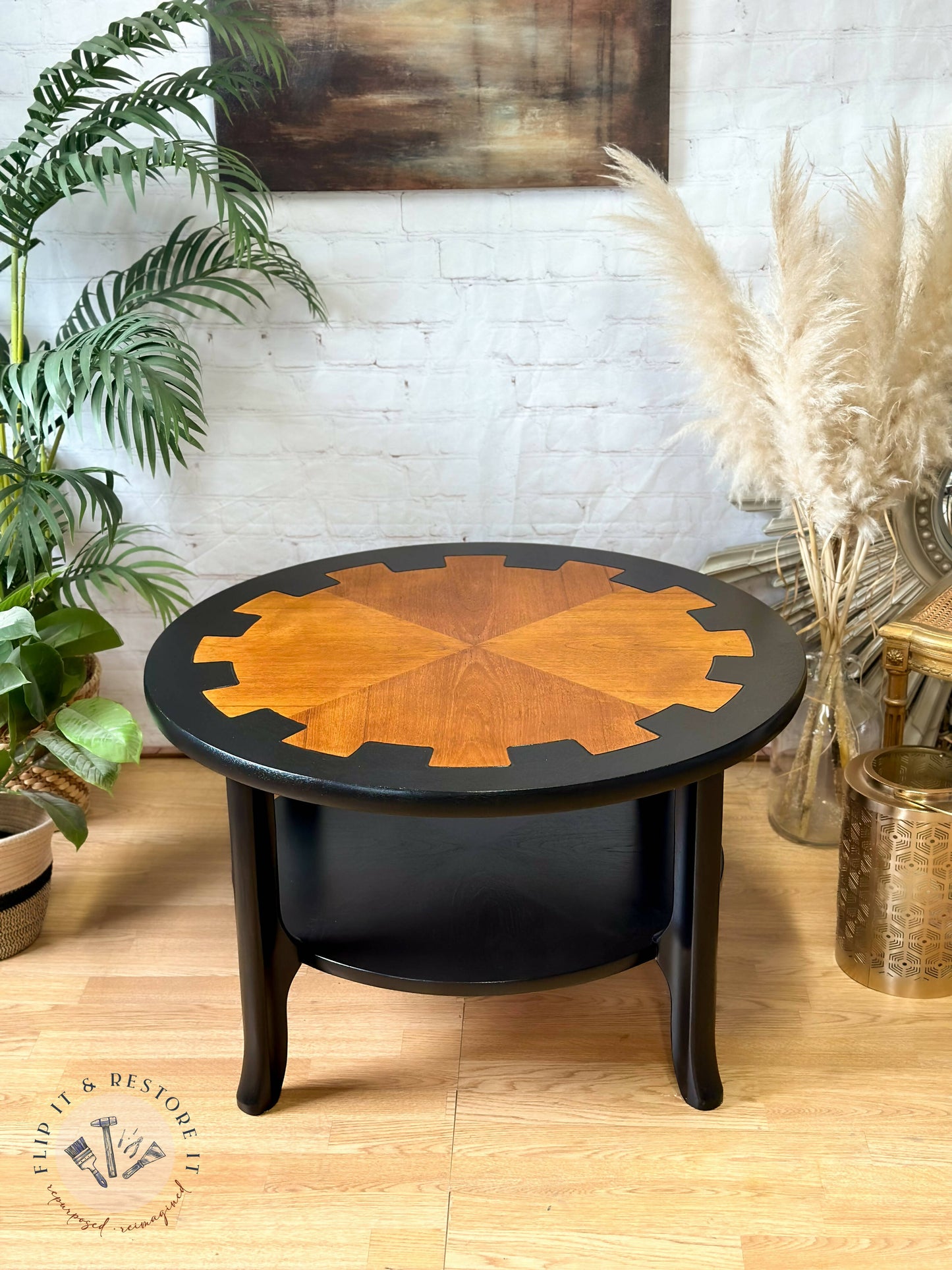 MCM Circular Round 'Cog' Coffee Table By Nathan Furniture Wooden Side Table Hand-Painted in Black - - MADE TO ORDER
