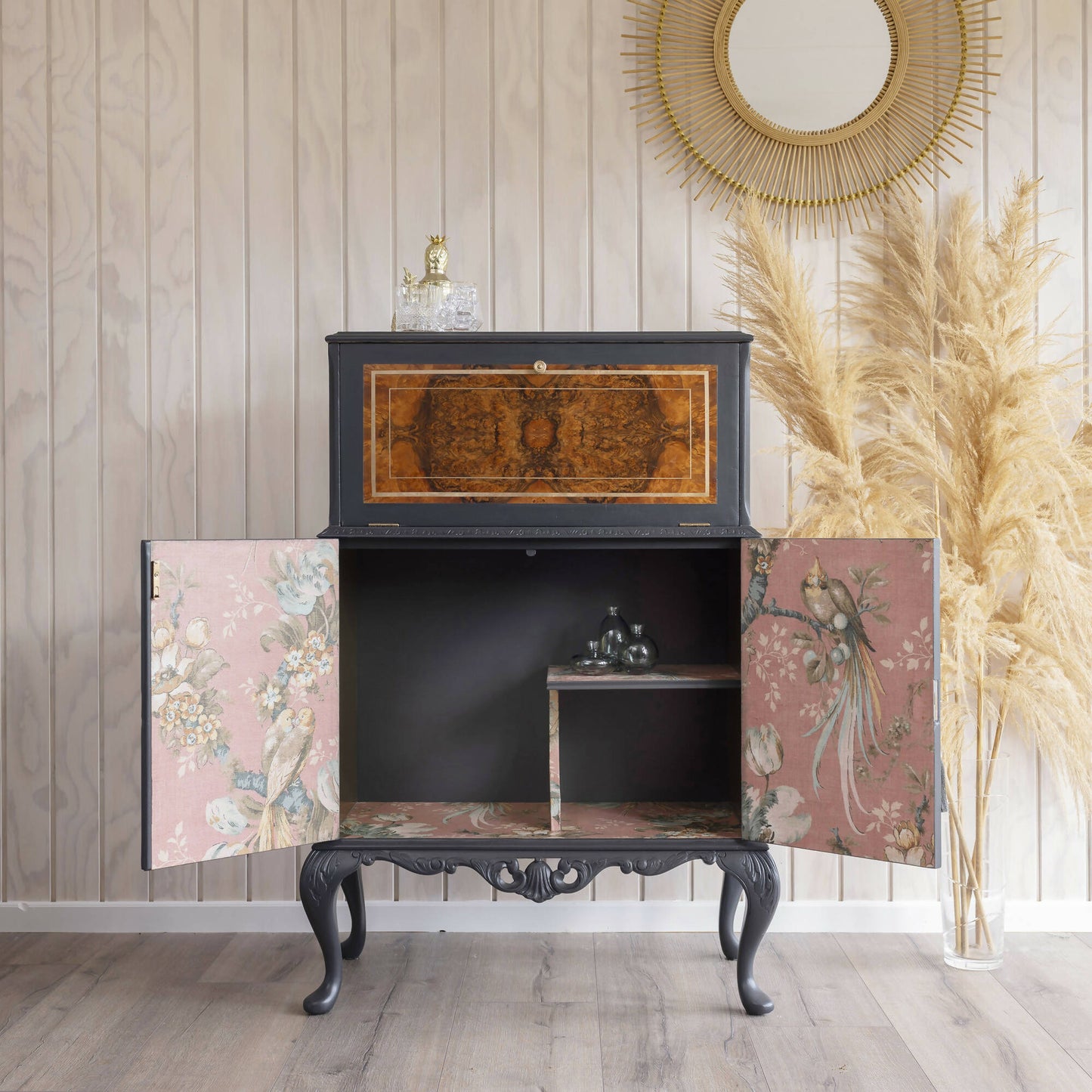 Cocktail cabinet in a beautiful combination of grey and dusty pink. Sold, commission available.