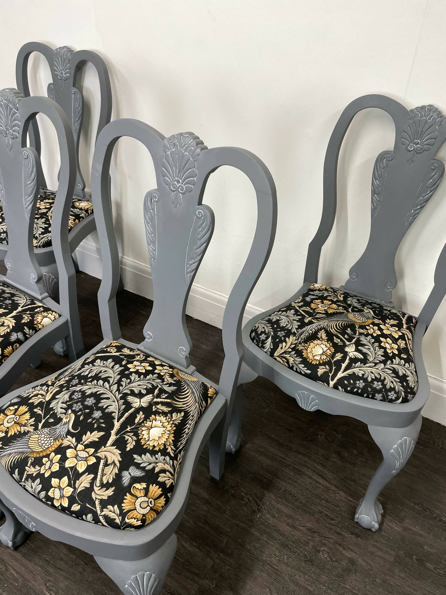 Set of 4 Grey Claw and Ball Mahogany Dining Chairs