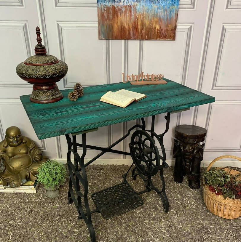 Sewing Machine Table TV Stand Yakisugi Charred Wood Table Turquoise