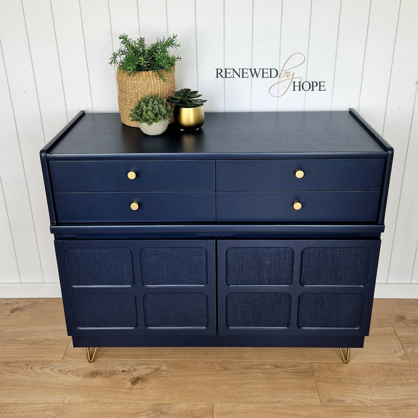 MADE TO ORDER - Navy Blue Squares Sideboard Gold Hairpin legs, woven design, MCM Storage