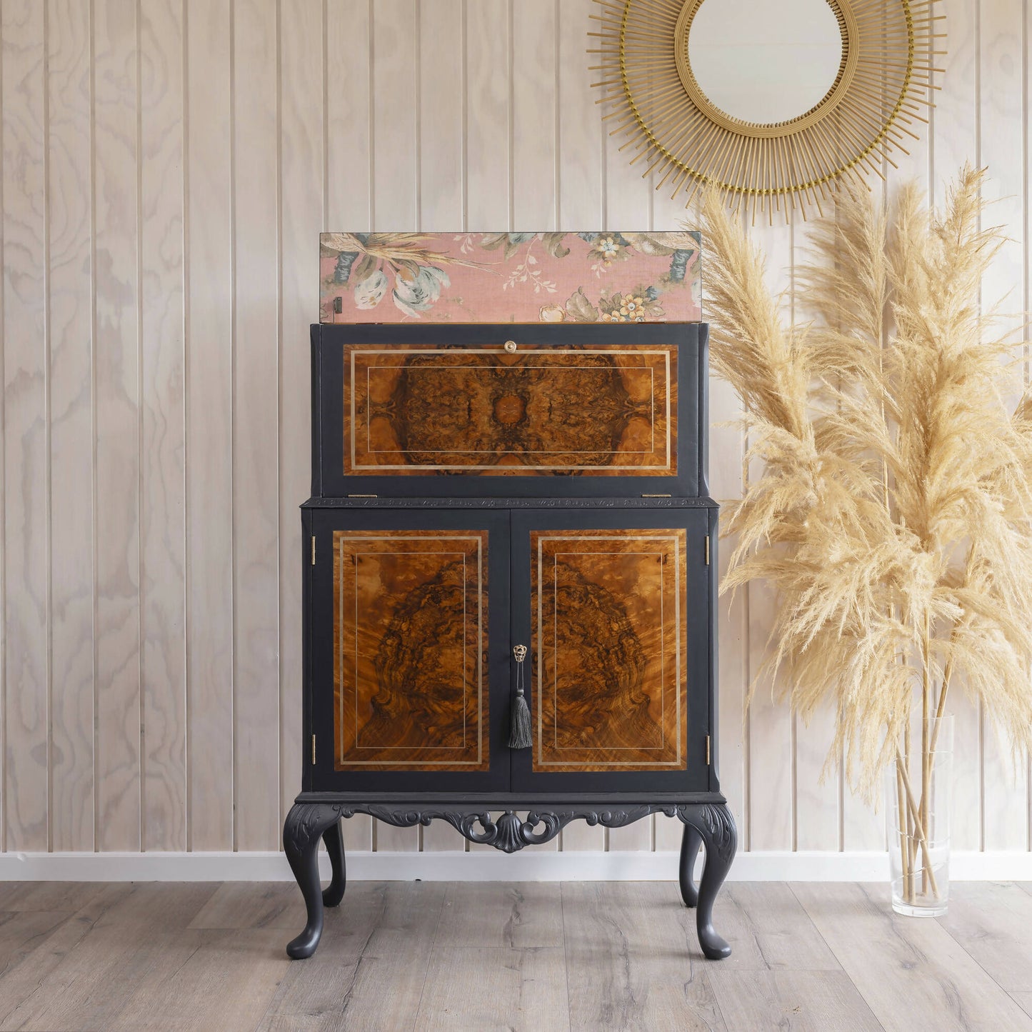 Cocktail cabinet in a beautiful combination of grey and dusty pink. Sold, commission available.