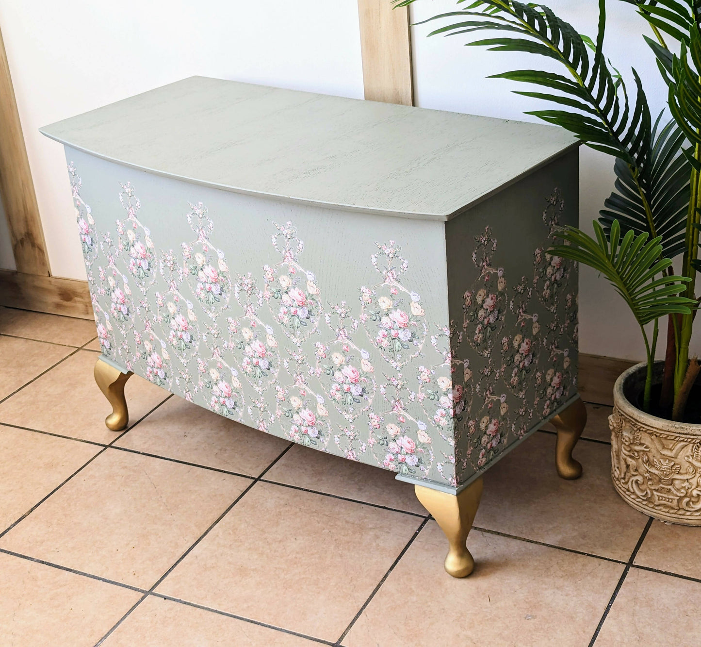Vintage upcycled floral green and gold blanket box, Queen Anne legs storage chest, french style Ottoman