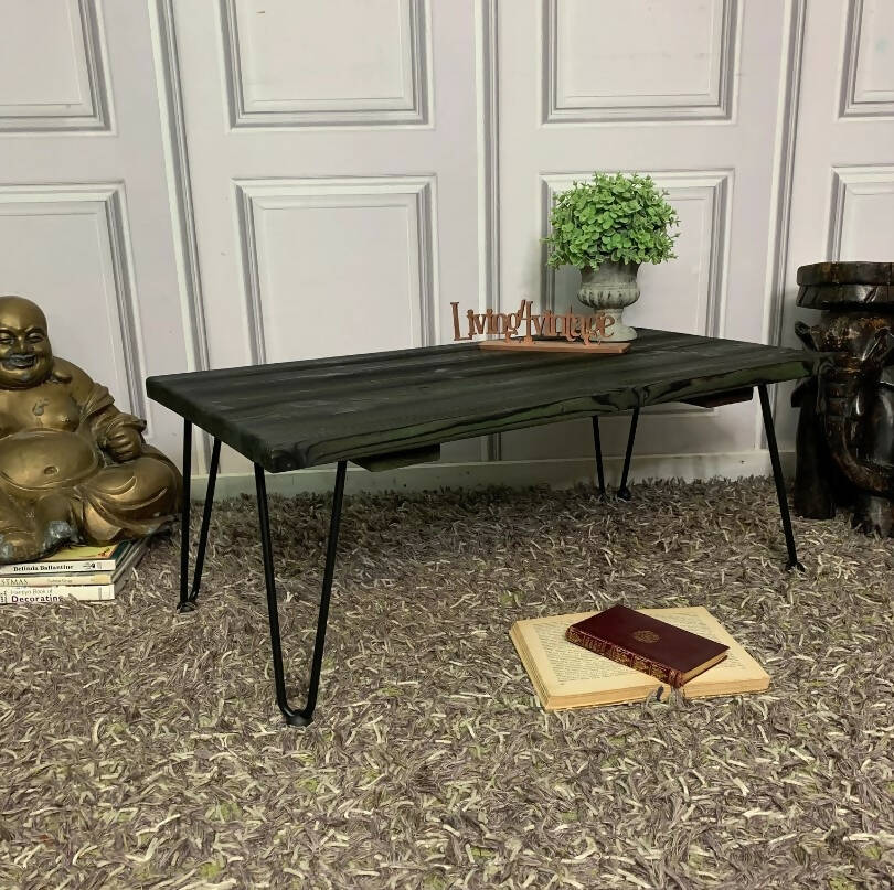Pine Coffee Table with Hairpin Legs Yakisugi Charred Wood