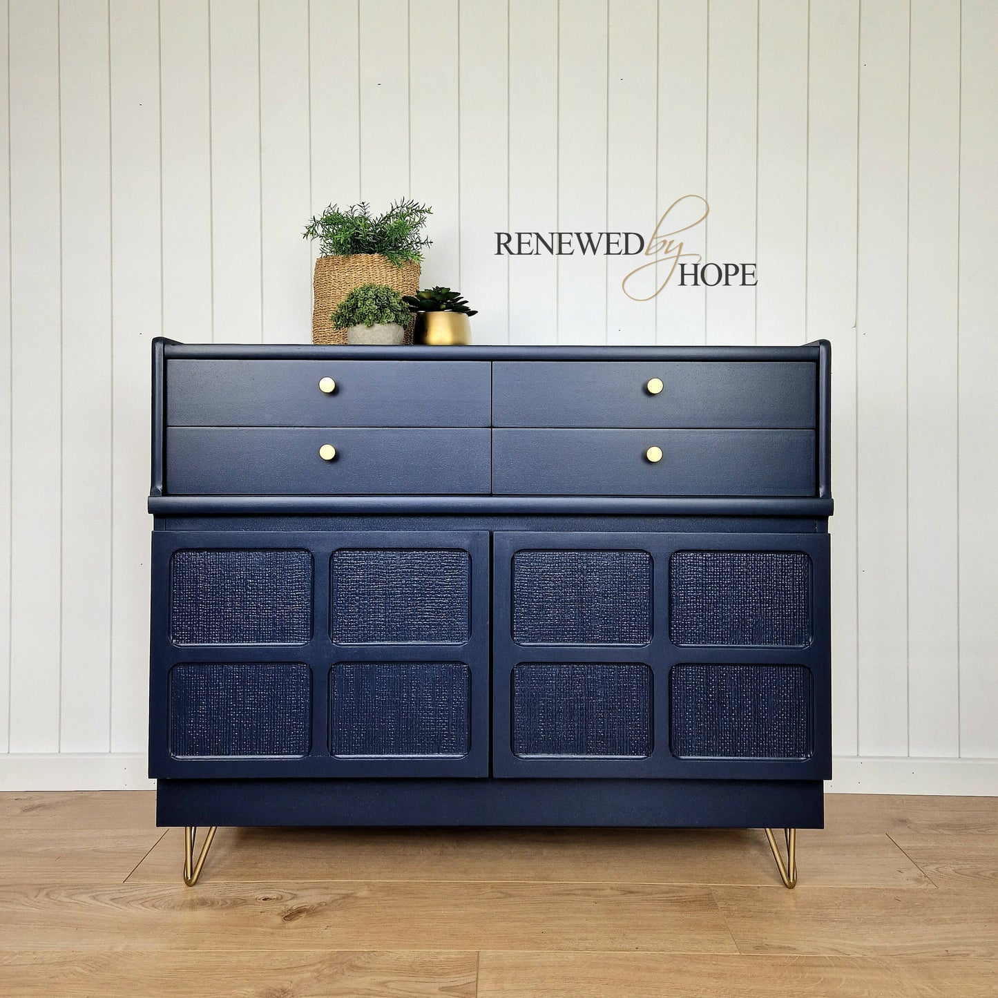 MADE TO ORDER - Navy Blue Squares Sideboard Gold Hairpin legs, woven design, MCM Storage