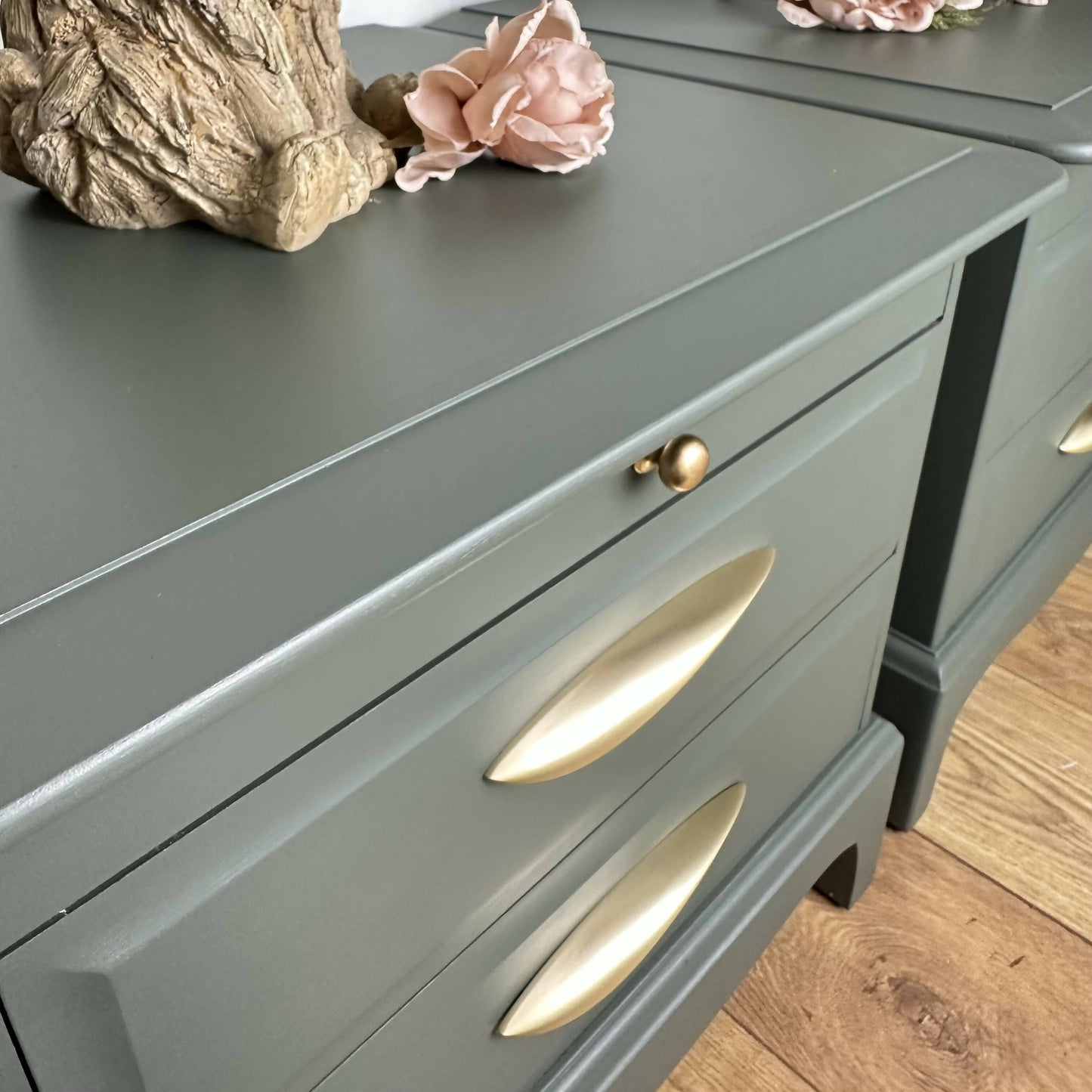 Refurbished Stag Minstrel bedside tables in olive green, vintage nightstands, upcycled, handprinted, drawers, dresser, chest, bedroom, pair