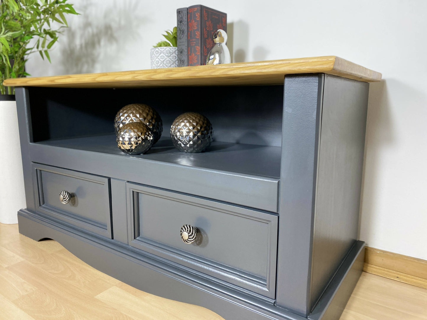 Vintage Grey Wooden TV Cabinet Drawers