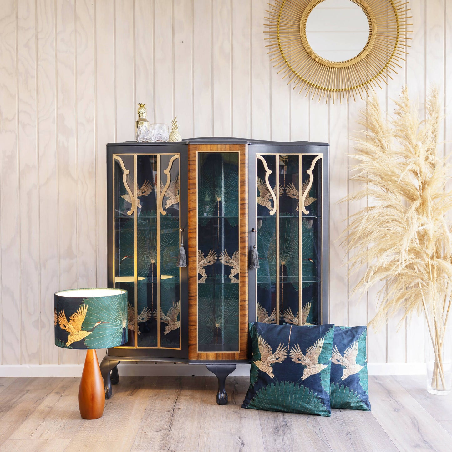 An exquisite vintage drinks cocktail cabinet decoupaged in a striking blend of emerald green and black crane fabric. Sold, commission available.