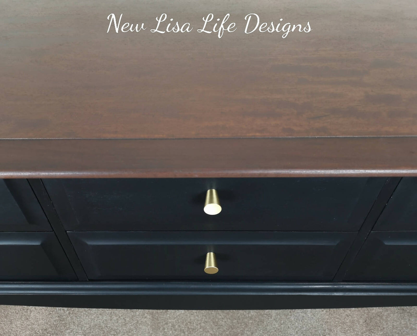 Stag Minstrel 6 drawer console table. Black with stripped & restored top with dark stain.