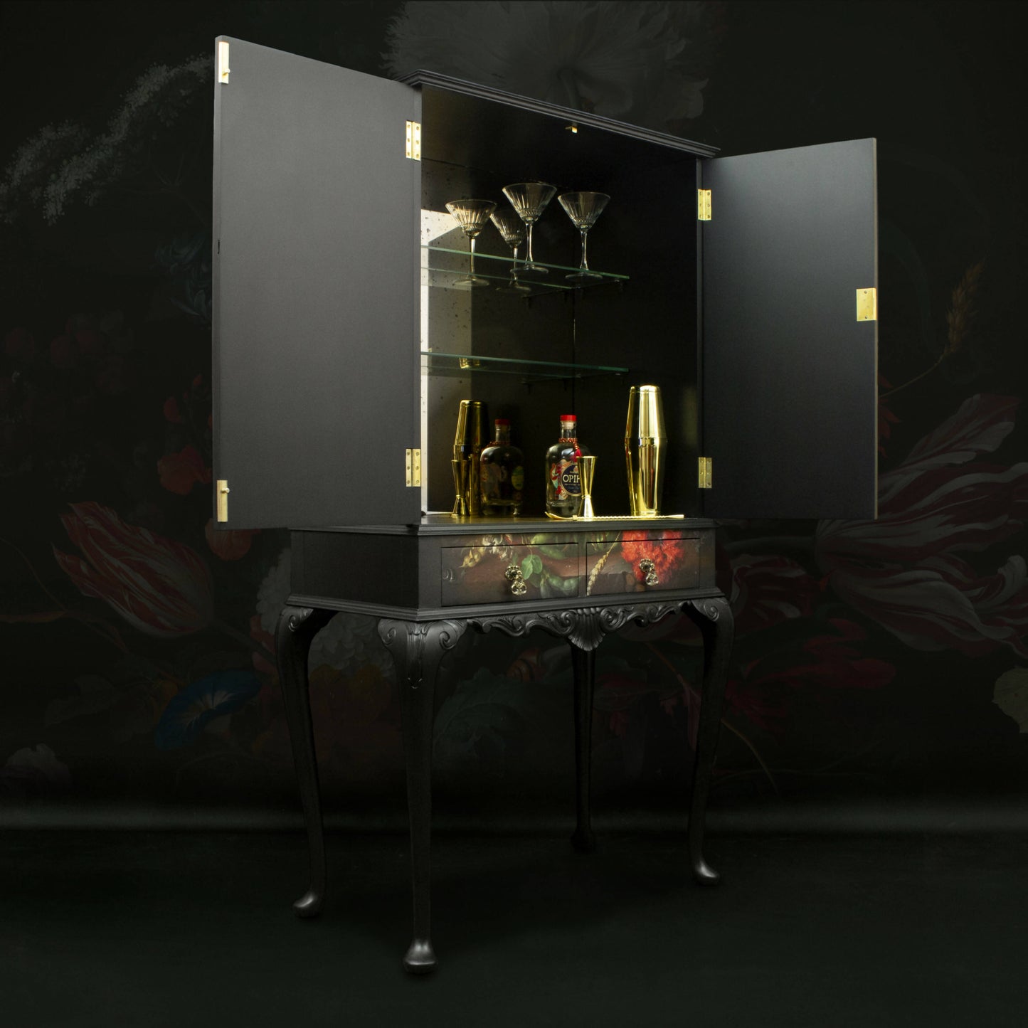 Art Deco Black Floral French Drinks Cabinet