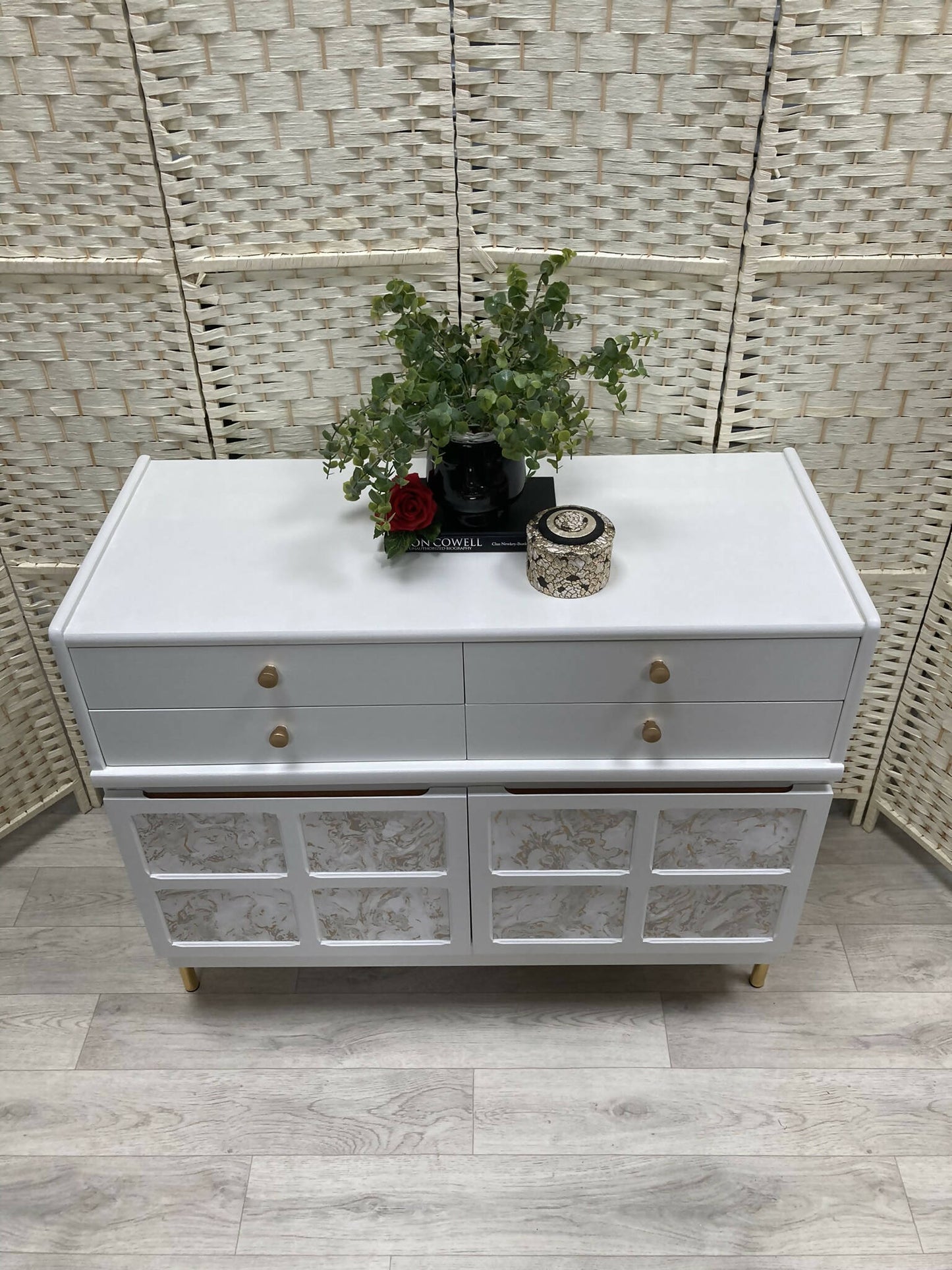 Nathan Squares White Sideboard with 4 Drawers and Large Cupboard. Painted in Wise Owl Enamel, colour Kashmir and gold (Harriet)