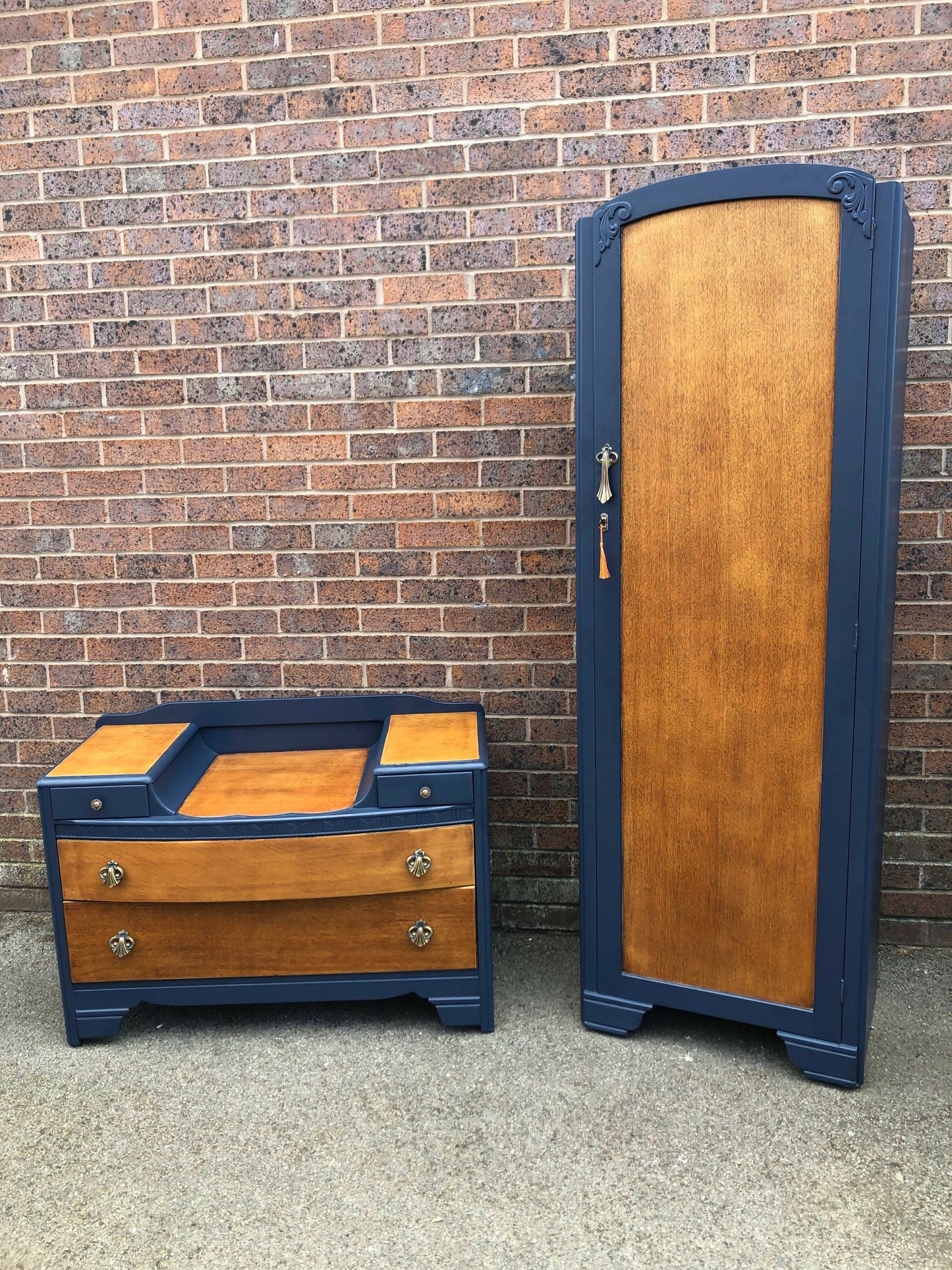 Vintage Bedroom furniture by Harris Lebus- painted Navy Blue Single Wardrobe & Dresser Drawers