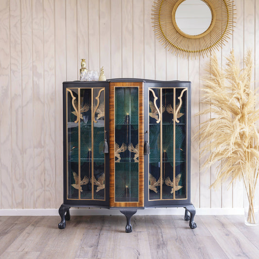 An exquisite vintage drinks cocktail cabinet decoupaged in a striking blend of emerald green and black crane fabric. Sold, commission available.