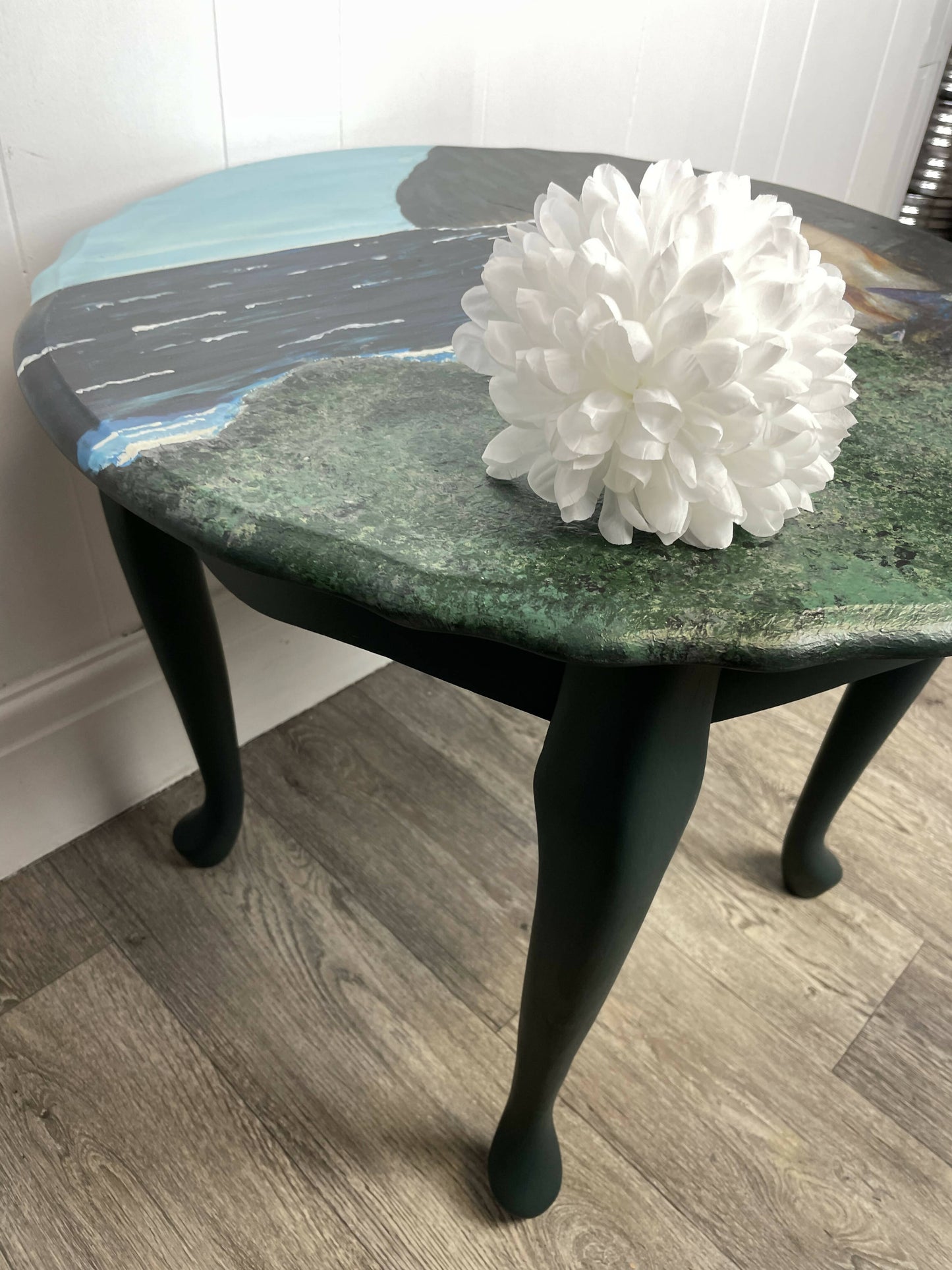 Dark Green Round Coffee Table/Side Table with Mermaid Designed Top