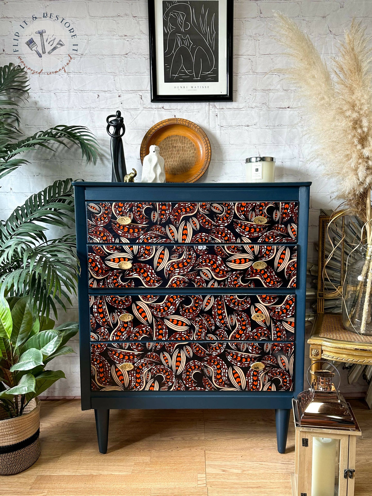 Harris Lebus MCM 4 Drawer Chest of Drawers Dresser Hand-Painted in Navy Blue