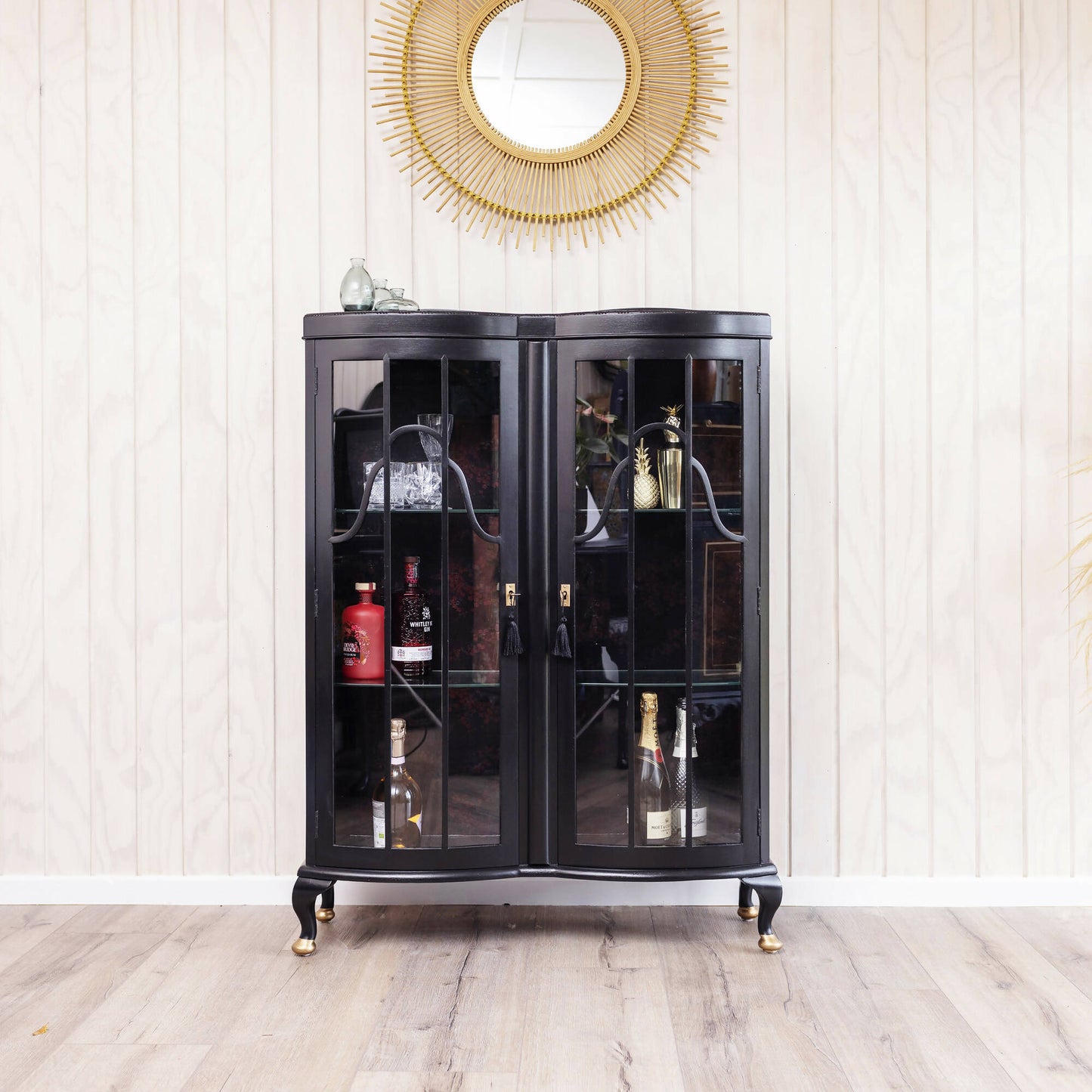 An exquisite vintage cocktail cabinet decoupaged in a subtle blend of black and red Japanese blossom fabric. Sold, commission available.
