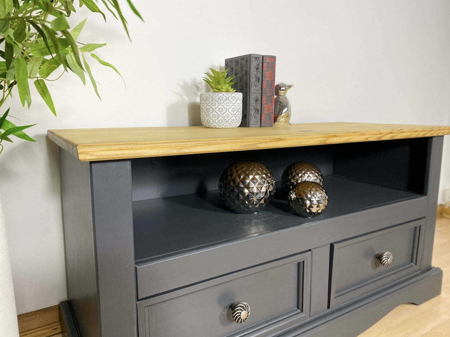 Vintage Grey Wooden TV Cabinet Drawers