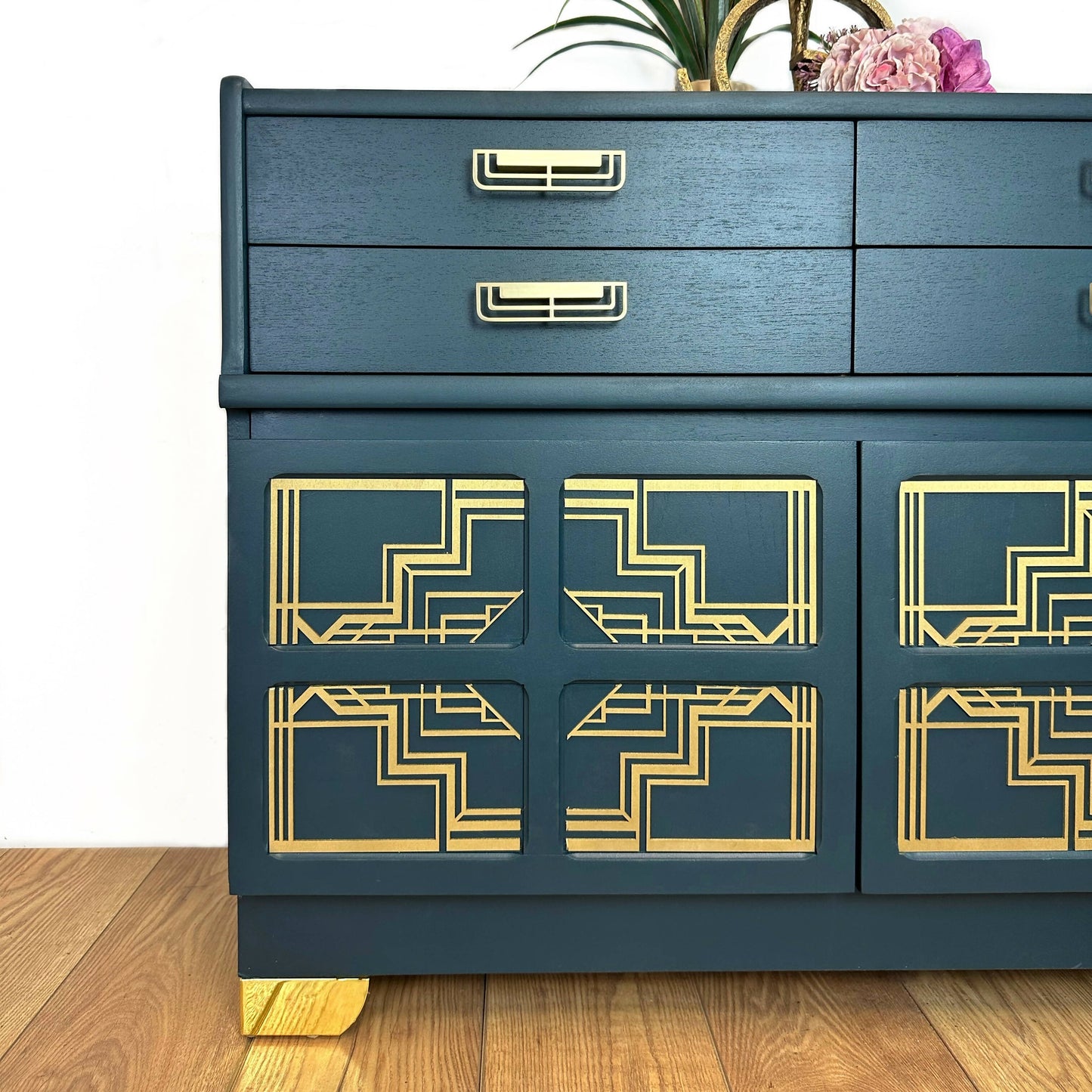 Nathan sideboard in deep teal, gold art deco, mid century, vintage, drink cabinet, media unit, dresser, cupboard, cocktail cabinet, navy blue retro