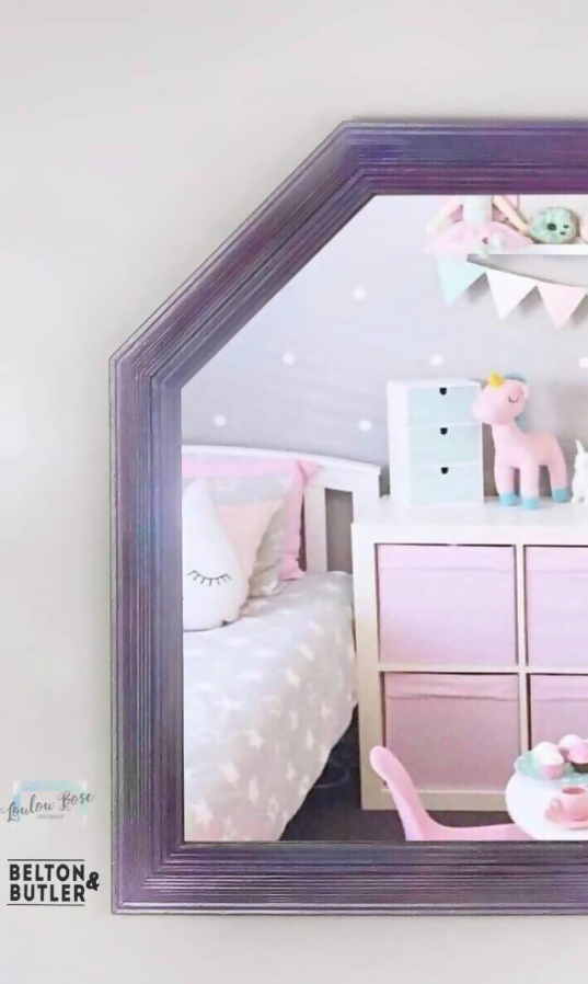 Hexagon shaped mirror hand painted in pink tones, Decorative Framed Mirror