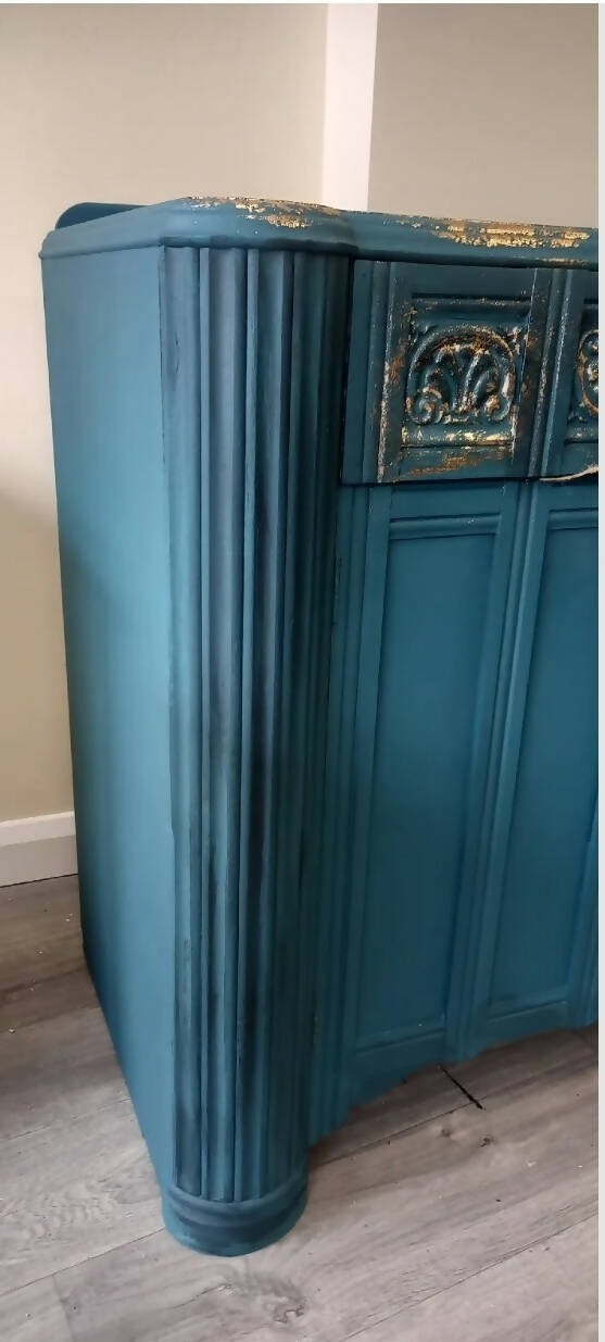 Vintage Oak Ornate Sideboard Painted Upcycled Teal and Gold