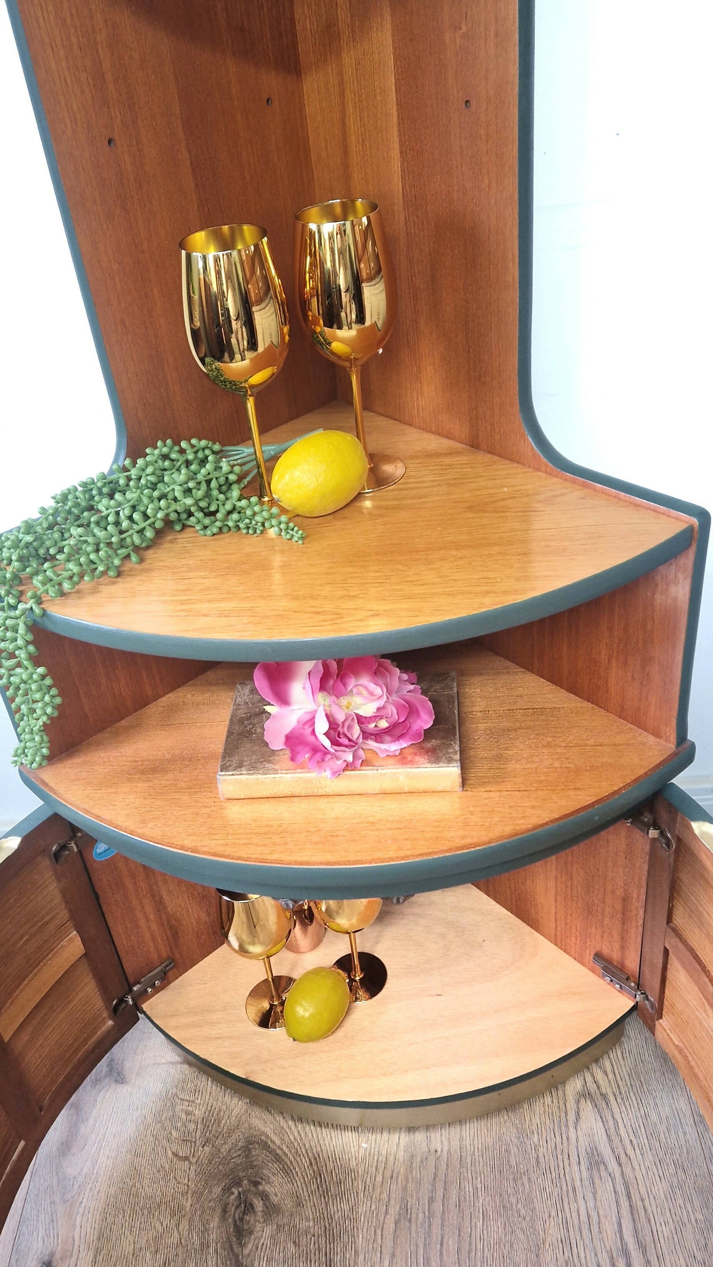 Mid century modern nathan corner unit,drinks cabinet in green and gold