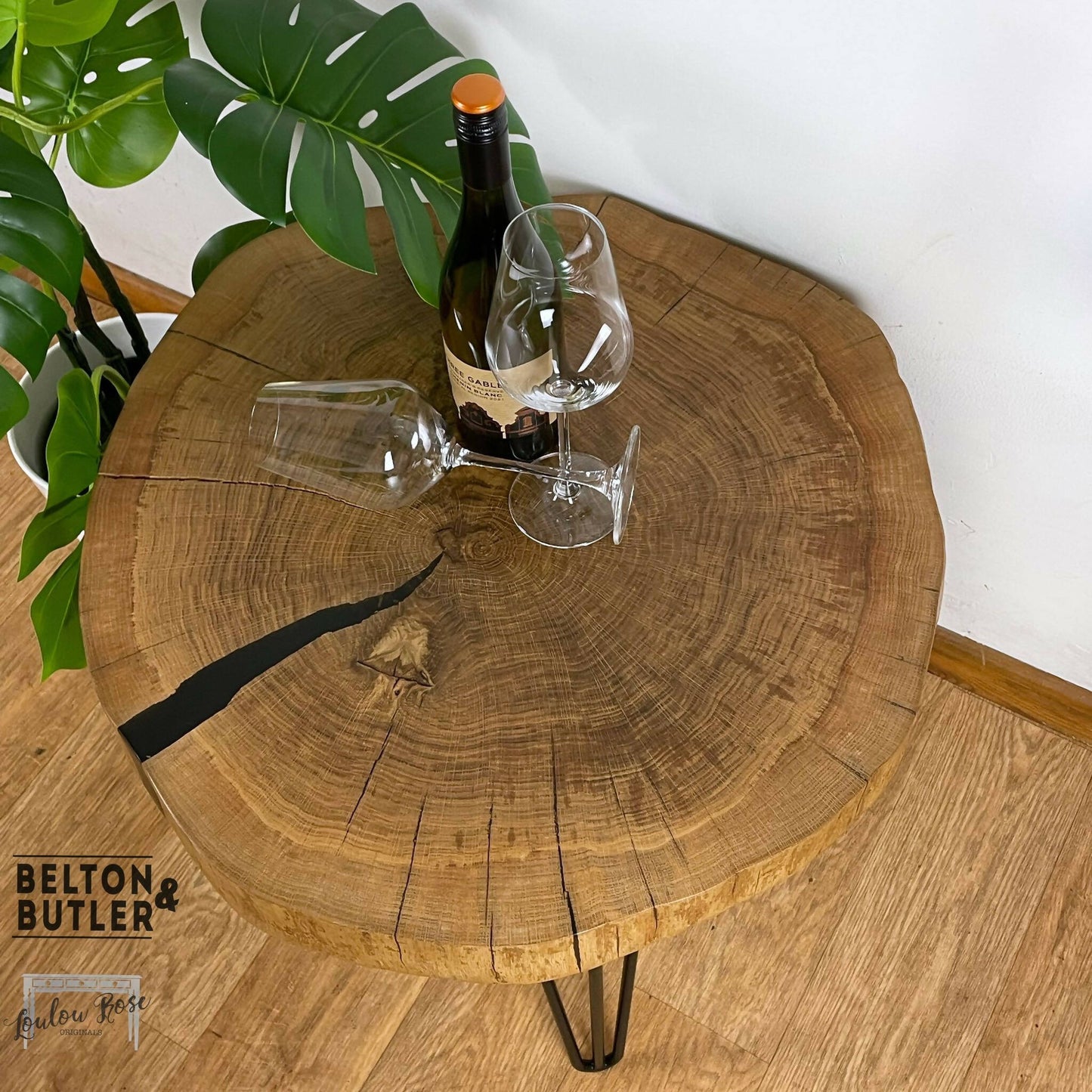 Oak Slice Black Resin Coffee Table, Side Table
