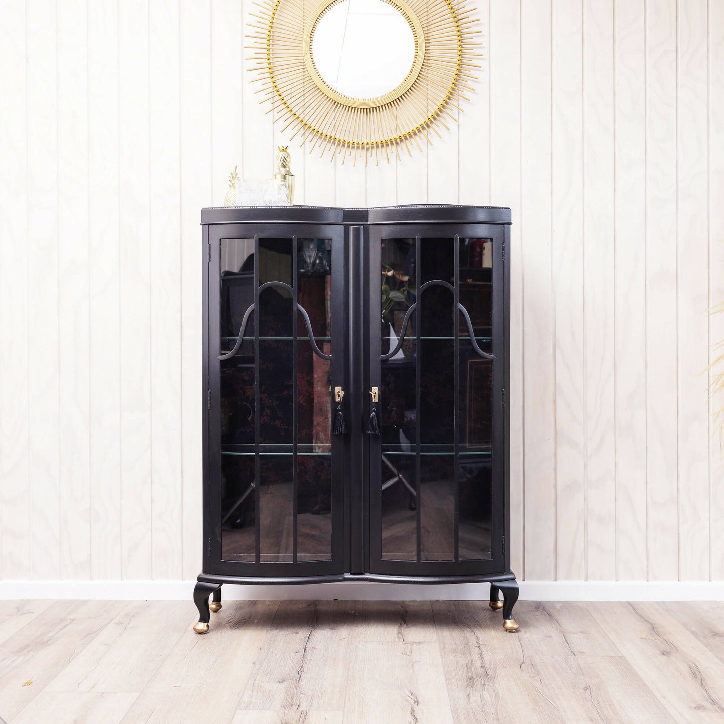 An exquisite vintage cocktail cabinet decoupaged in a subtle blend of black and red Japanese blossom fabric. Sold, commission available.