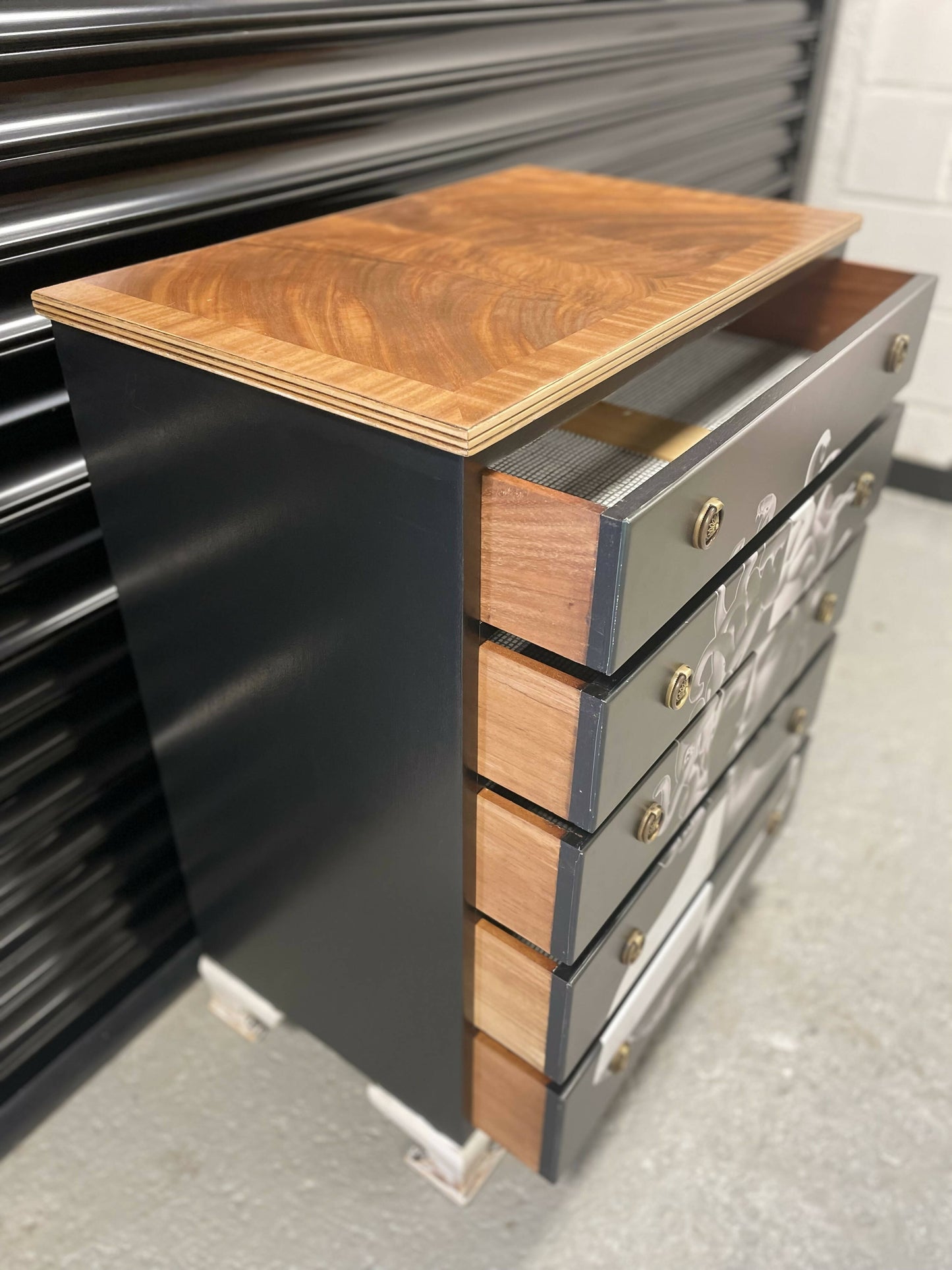 Black stunning G-Plan solid wood chest of five drawers.
