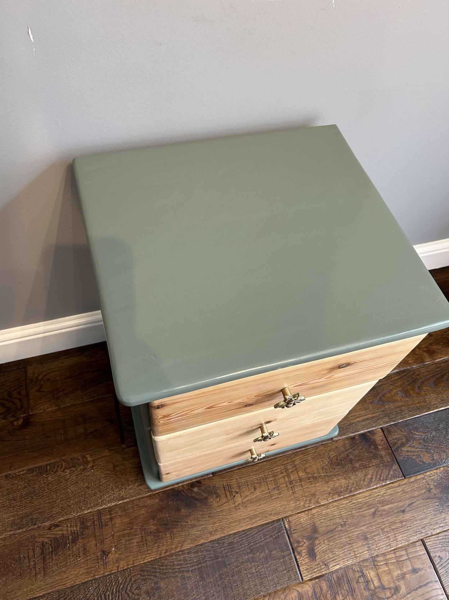 **Now Sold** Bedside 3 draw unit Painted in Serenity Satin,finished with bee handles