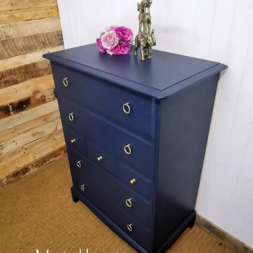 Vintage Stag Minstrel Navy Blue Tallboy Chest of Drawers