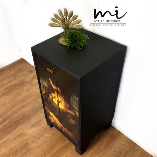 MADE TO ORDER Upcycled drinks cabinet, cocktail, hand painted, Mona Lisa, decoupage, gin bar, black - commissions available