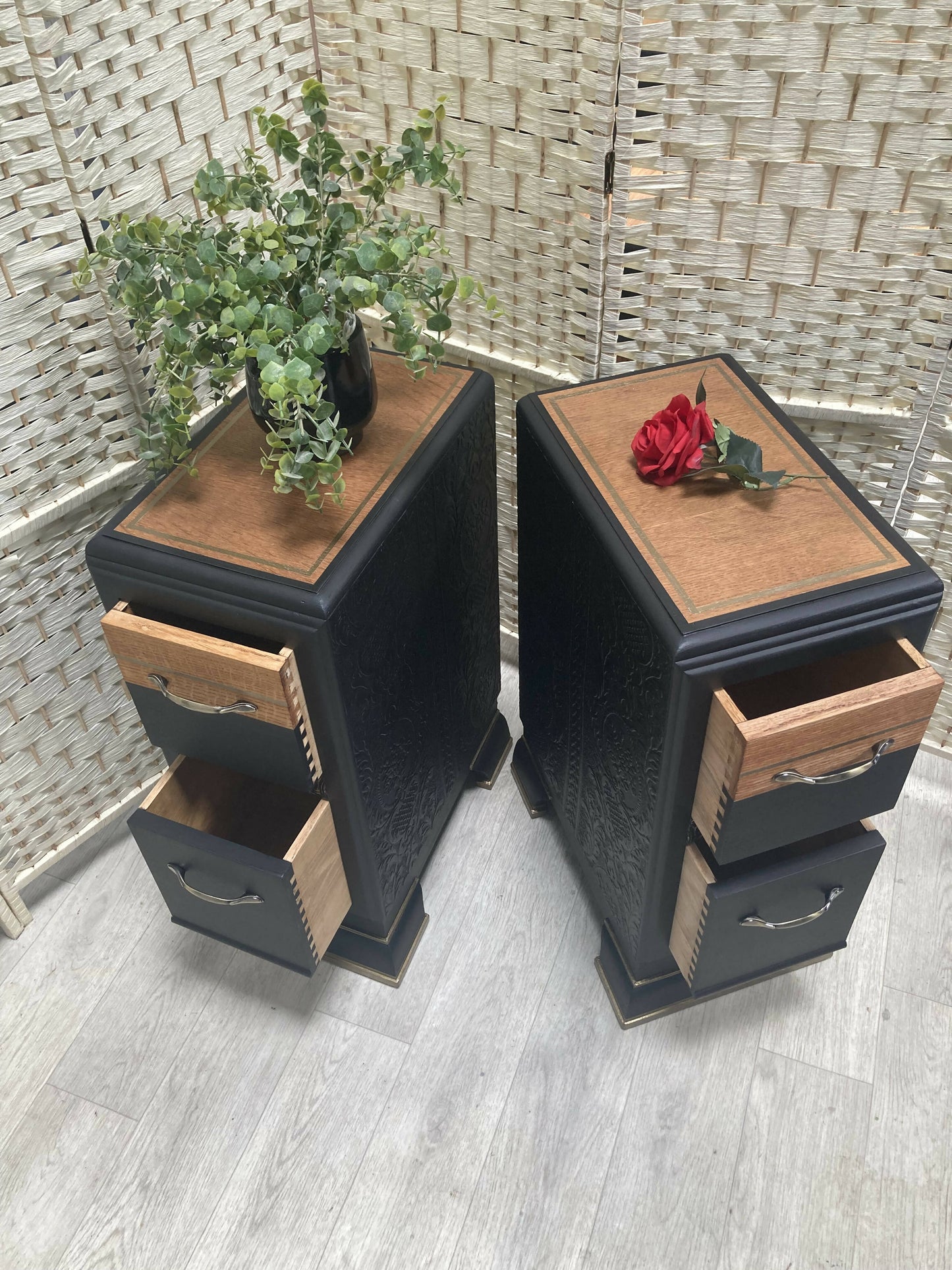 SOLD! Art Deco Vintage Bedside Tables, in Black and Bronze