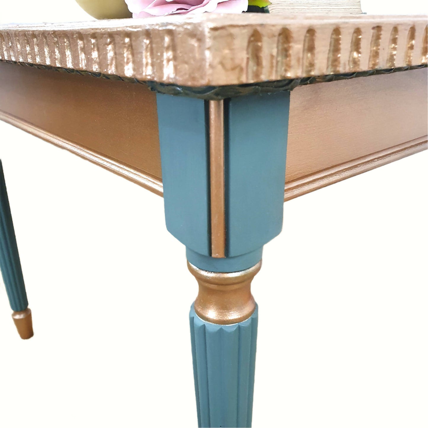 Vintage painted coffee table, square table, hand painted in dark green mineral paint with gold metallic top & gold detailing to the base
