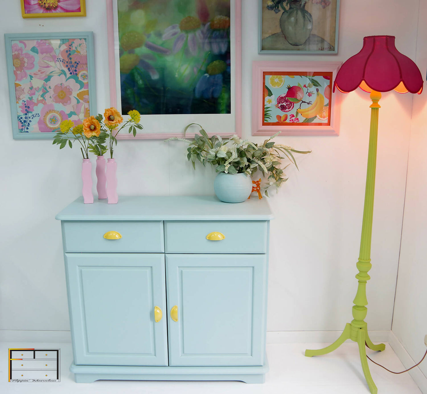 Vintage Pine Retro Sideboard, Teal Kitchen Cupboard Tropical Interior, 1970s Pastel Dopamine Decor Storage Unit, Yellow Cup Handles