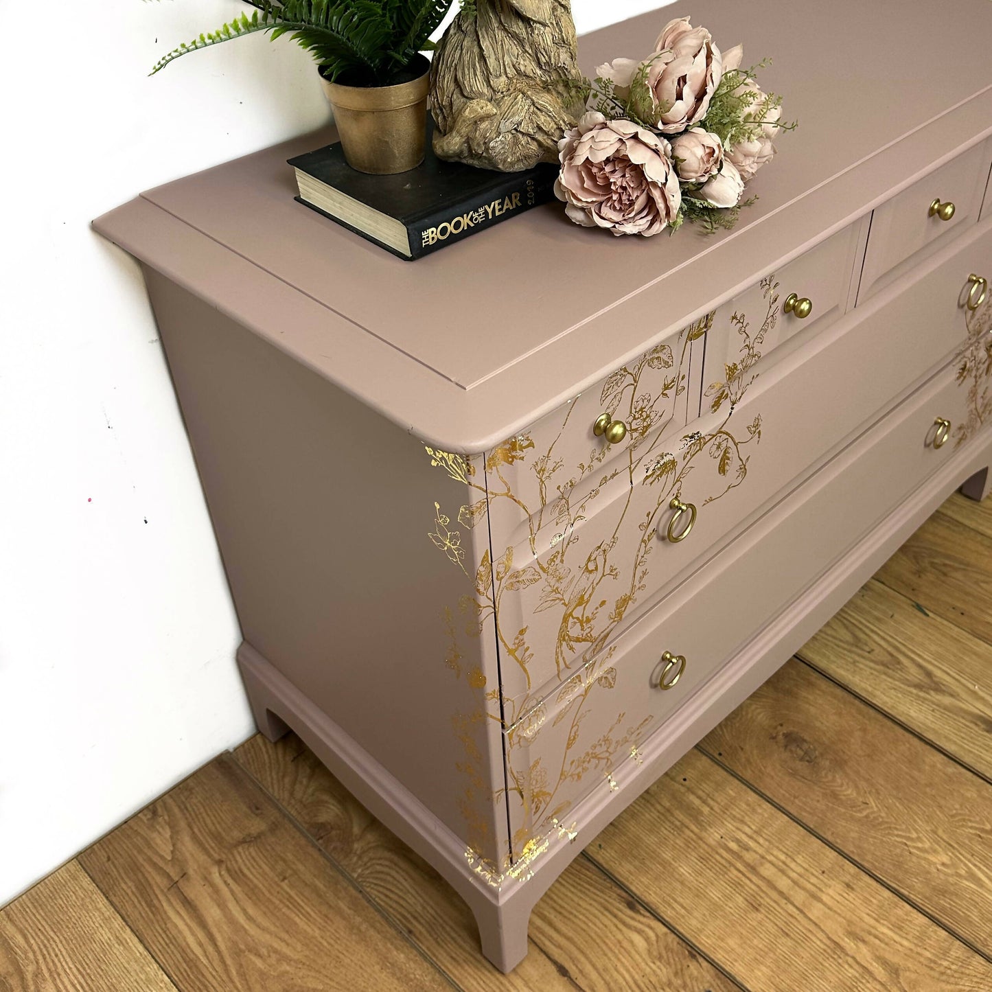 MADE TO ORDER Pretty dusky pink Stag Minstrel Chest of Drawers with gold bird song design, vintage, dresser, blossom, mcm, sideboard