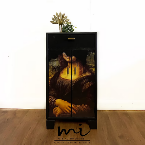 MADE TO ORDER Upcycled drinks cabinet, cocktail, hand painted, Mona Lisa, decoupage, gin bar, black - commissions available