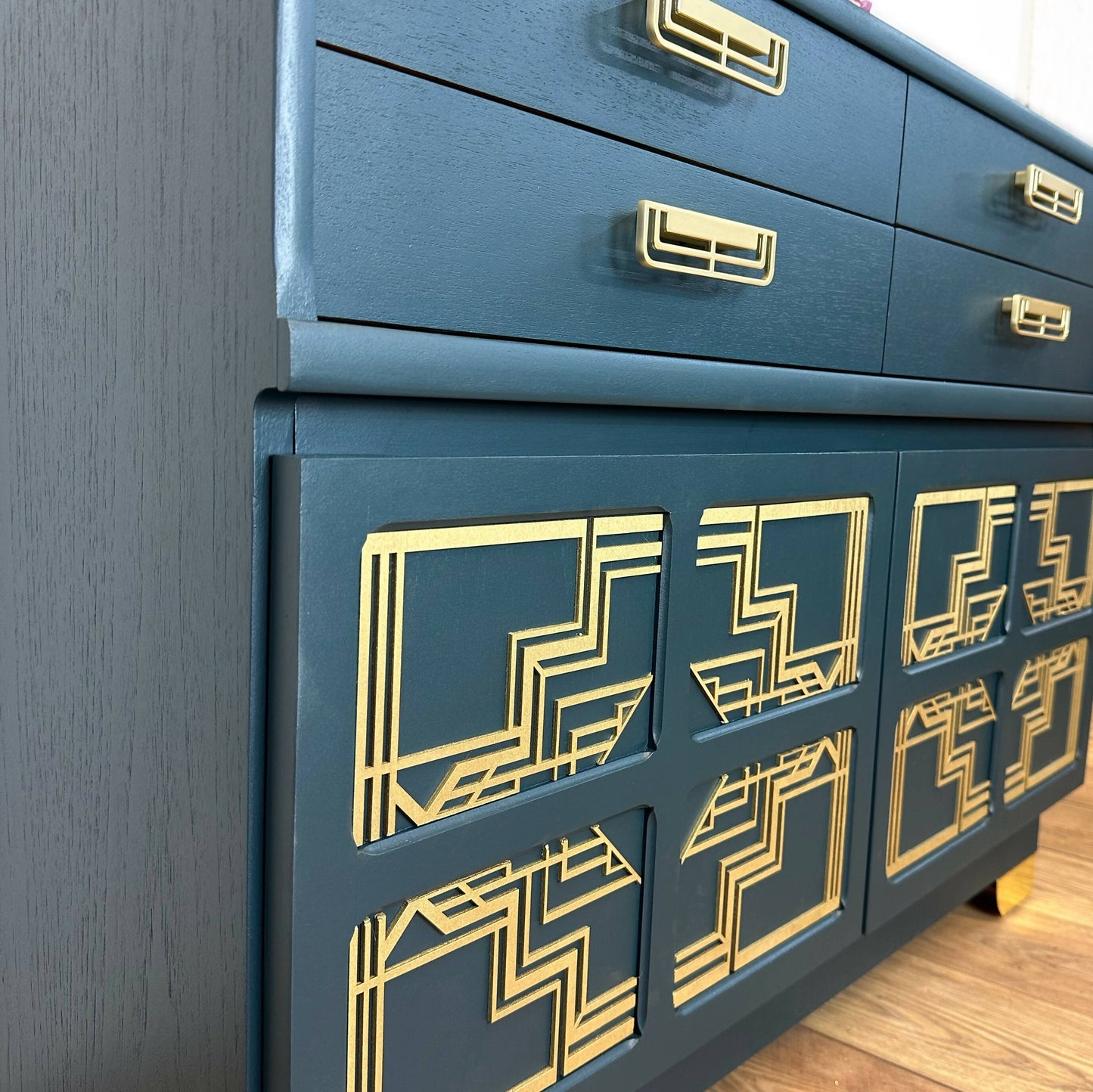 Nathan sideboard in deep teal, gold art deco, mid century, vintage, drink cabinet, media unit, dresser, cupboard, cocktail cabinet, navy blue retro