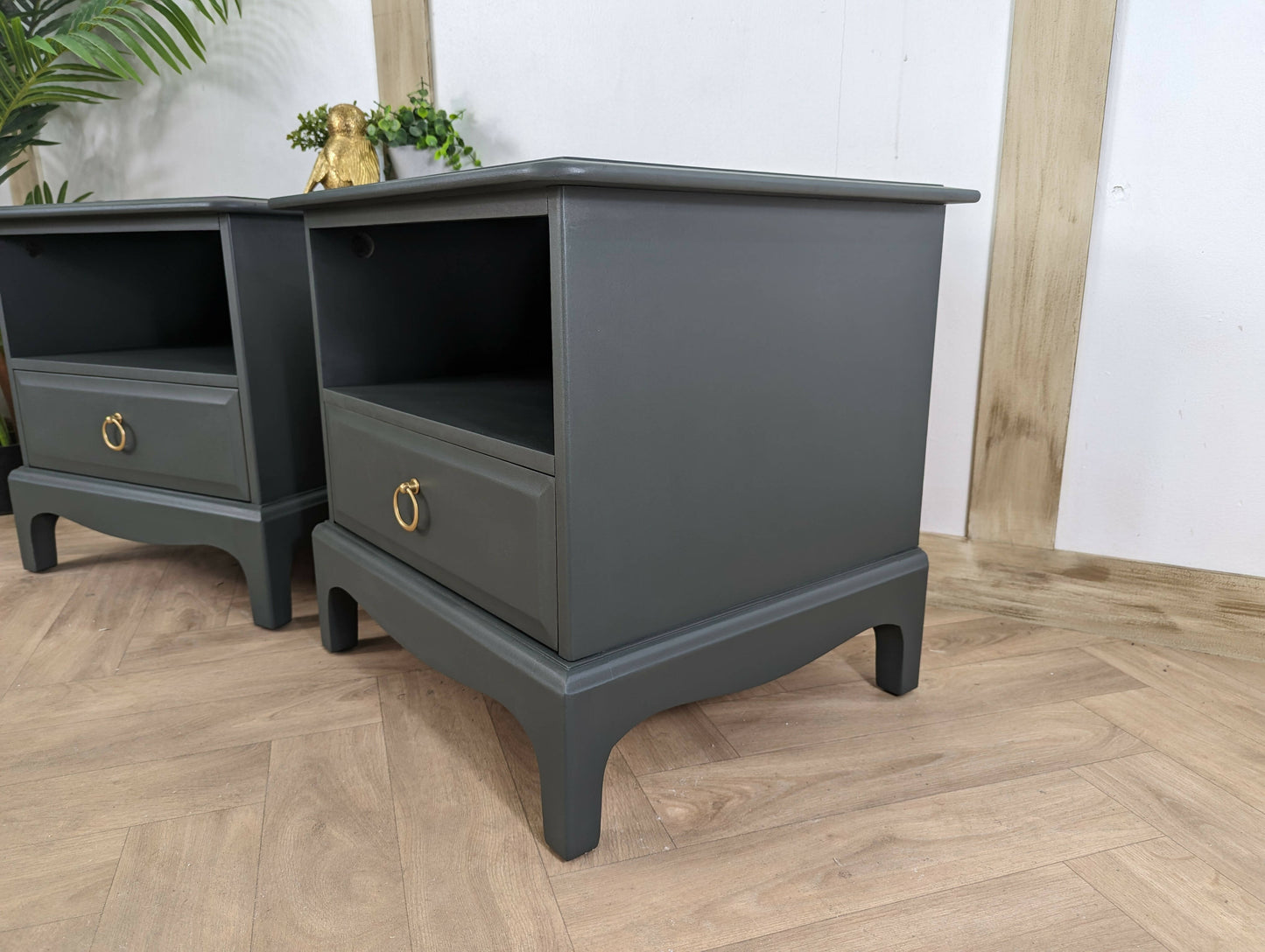 Stag Bedside Tables, spray painted Dark Green Gold bedside drawers, Stag Minstrel nightstands