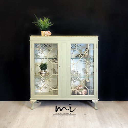 Made To Order - Vintage display cabinet, glass, pale sage green and gold. Drinks cocktail cabinet, sideboard, cupboard - commissions available