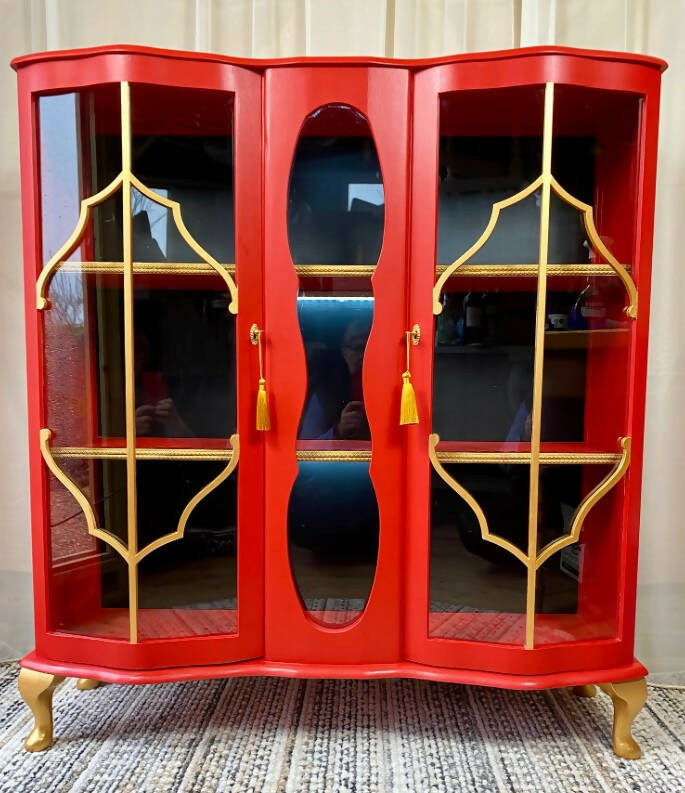 Vintage Cocktail Cabinet, Glass Display Unit, Red Drinks Cabinet, Eastern Inspired Furniture