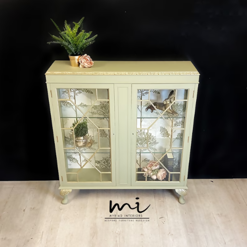 Made To Order - Vintage display cabinet, glass, pale sage green and gold. Drinks cocktail cabinet, sideboard, cupboard - commissions available
