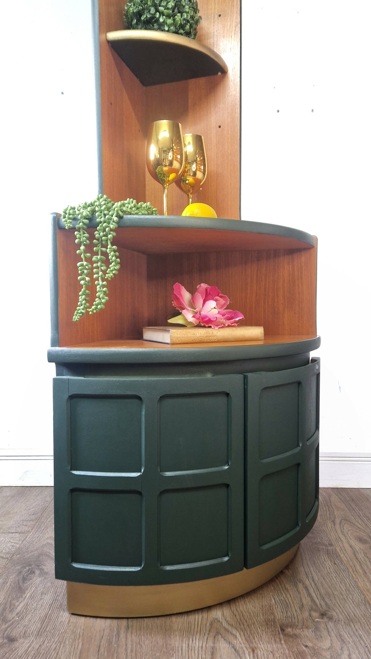 Mid century modern nathan corner unit,drinks cabinet in green and gold