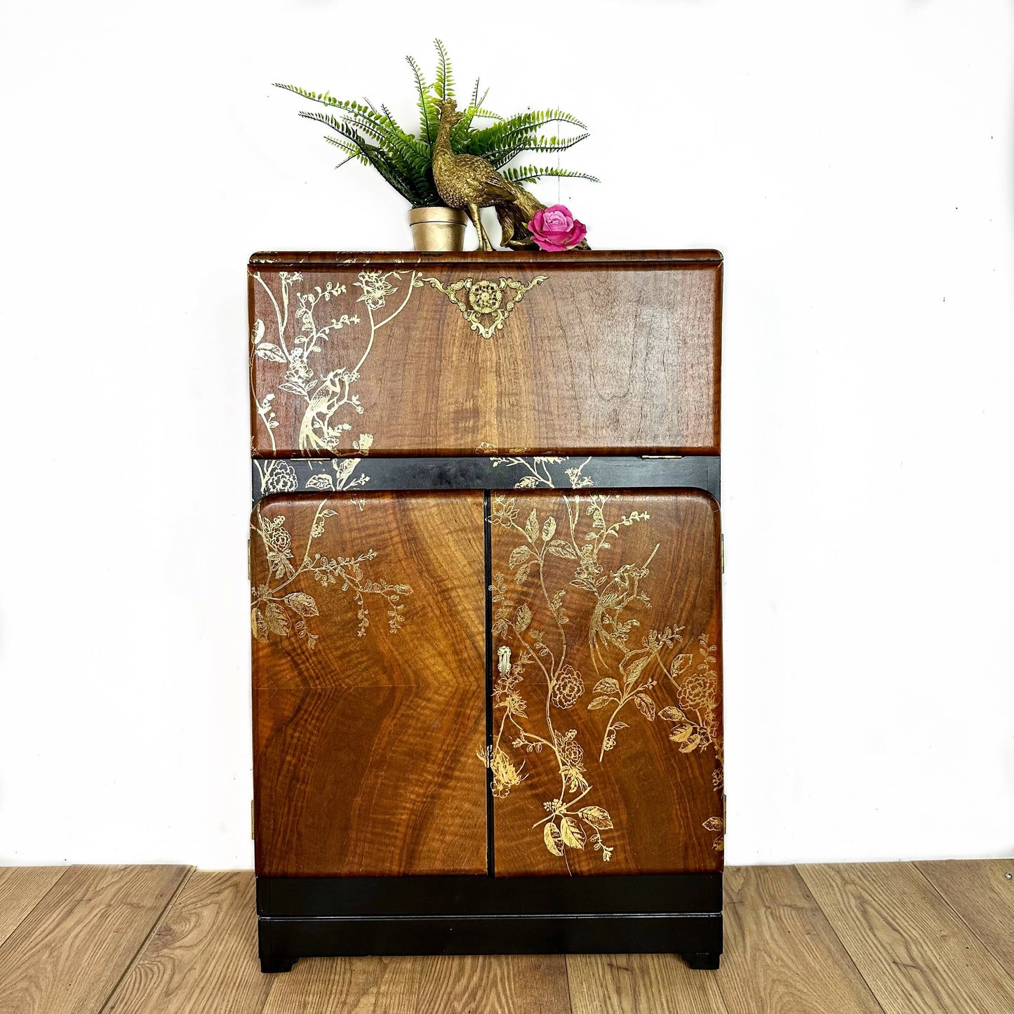 Petit Refurbished art deco cocktail cabinet, vintage black and gold drinks cabinet, birds, sideboard, dresser, gin bar, hand painted,