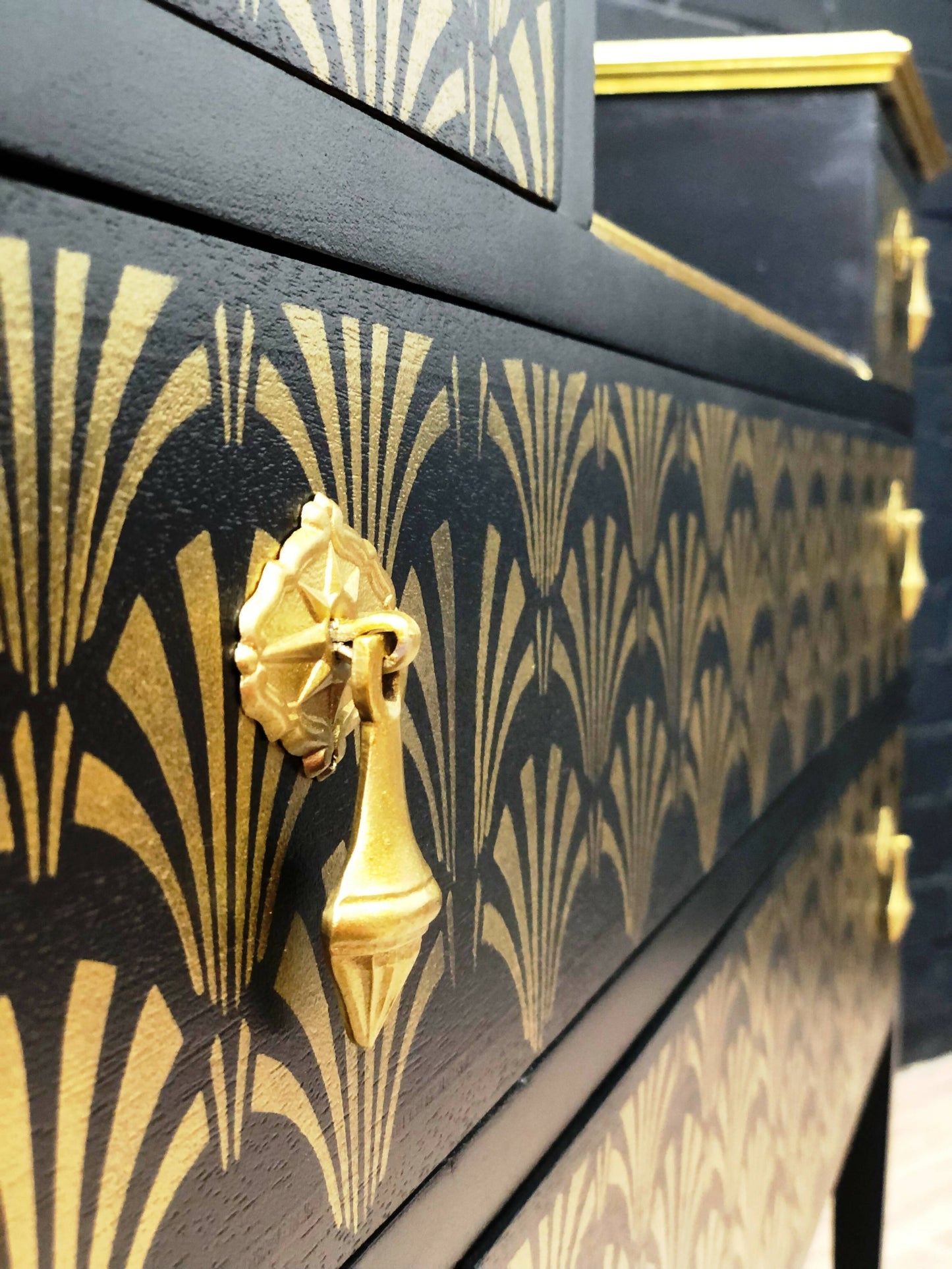MADE TO ORDER: Original Vintage Painted Dressing Table, Art Deco Inspired Refinished Dressing Table in Black and Gold Leaf & stencilling, Hallway Table