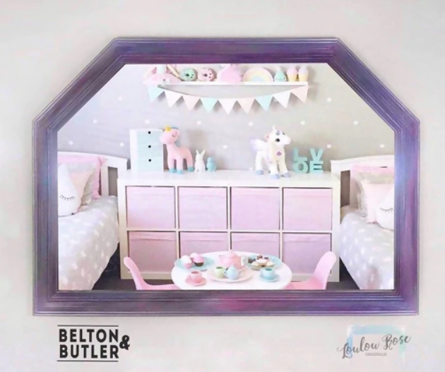 Hexagon shaped mirror hand painted in pink tones, Decorative Framed Mirror