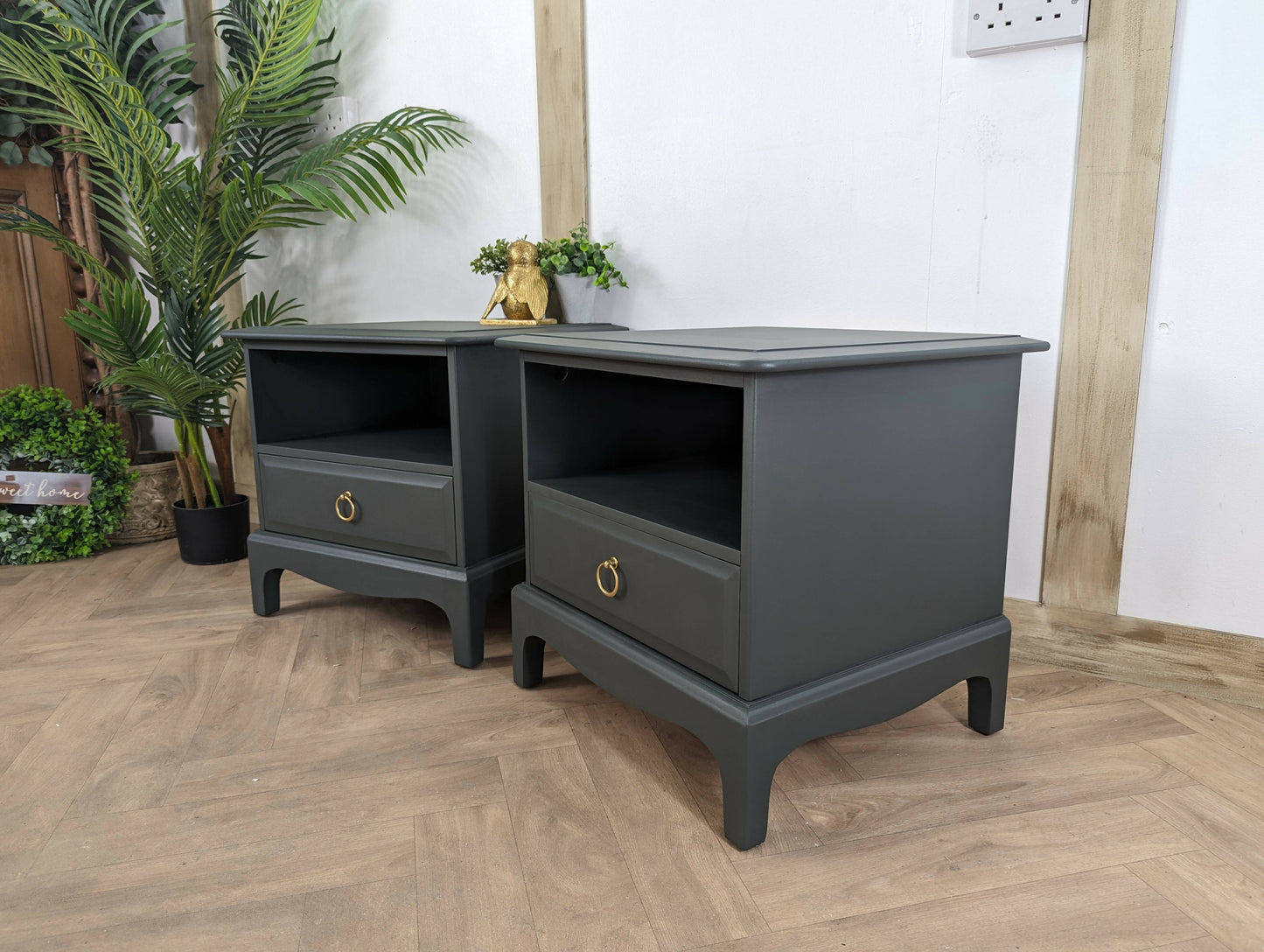 Stag Bedside Tables, spray painted Dark Green Gold bedside drawers, Stag Minstrel nightstands